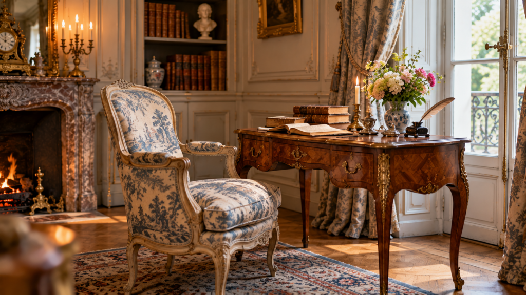 Cabinet français du XVIIIe siècle avec fauteuil, bureau d’écriture, livres et cheminée