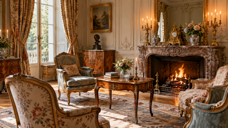 Intérieur français du XVIIIe siècle avec fauteuils, boiseries, cheminée et mobilier d'époque